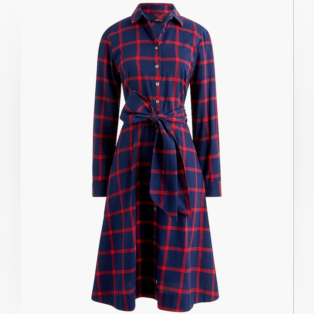 J. Crew Navy and Red Plaid Long Sleeve Dress